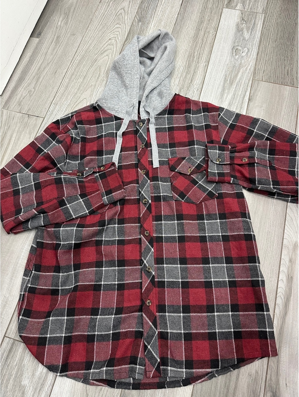 Mountain Expeditions Men's Plaid Flannel Shirt with Gray Hood, Size L